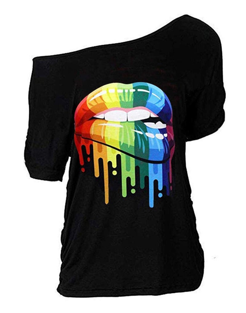 MAGICMK Women Casual Plus Size Lips Print Off Shoulder T-Shirt Tops (5XL, Black+XXMOUTH) - Image 1